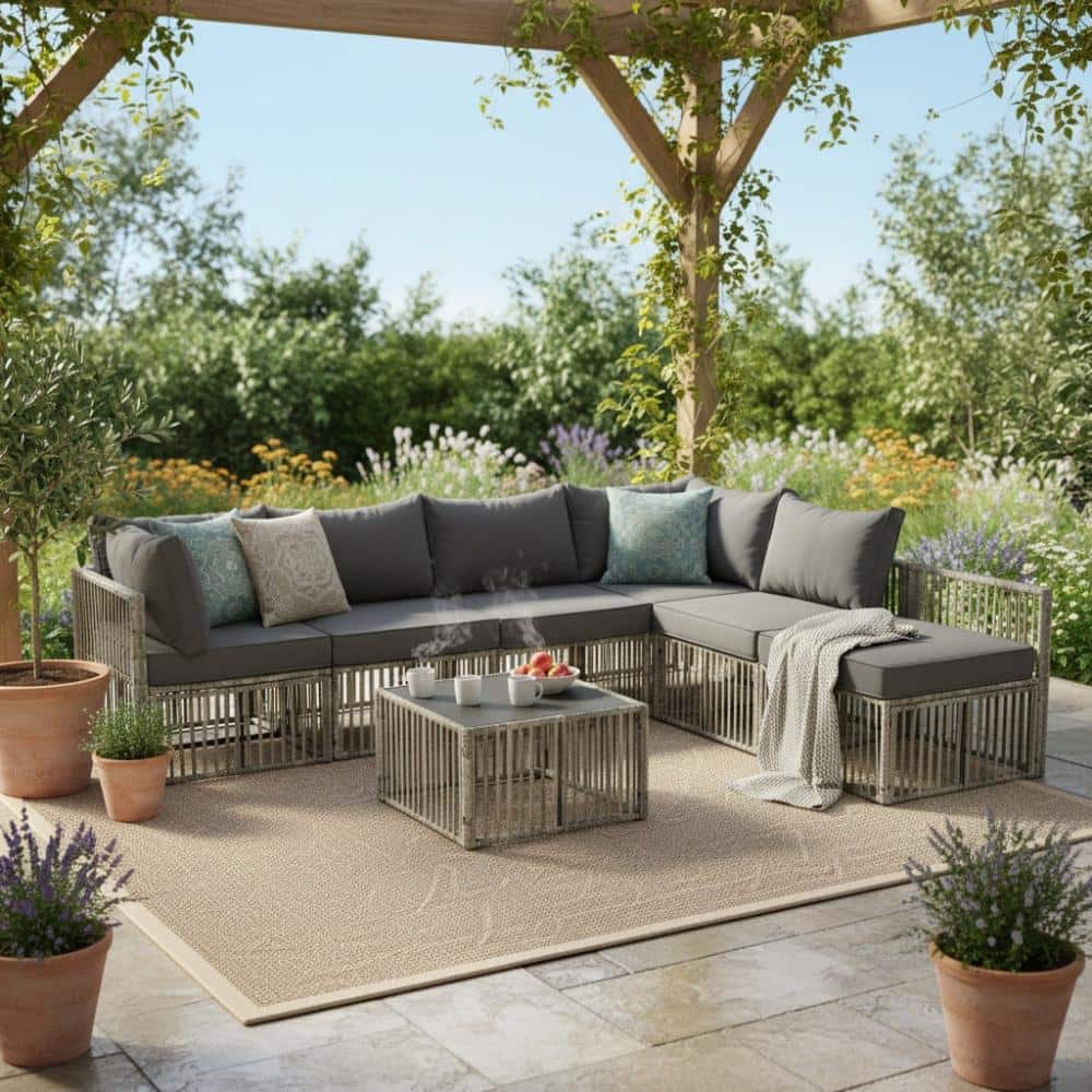 7-Piece Gray Wicker Outdoor Sectional Set with Gray Cushions and Table for Backyard and Patio price history on PriceWatchPro