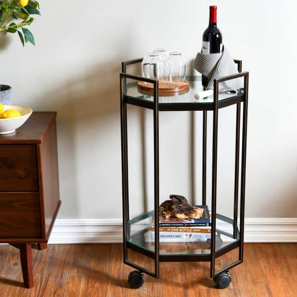 Storied Home Octagon Black Metal Bar Cart with Wheels