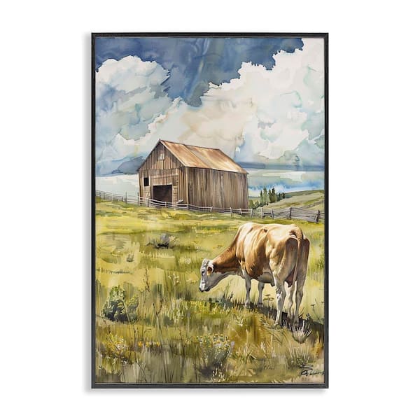 Stupell Industries Cow in Vast Field by Franklyn Gregory Black Framed Nature Giclee Art Print 24 in. x 16 in.
