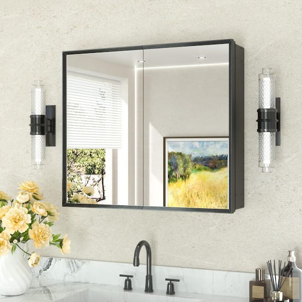 30 in. W x 26 in. H Rectangular Aluminum Medicine Cabinet with Mirror in Black