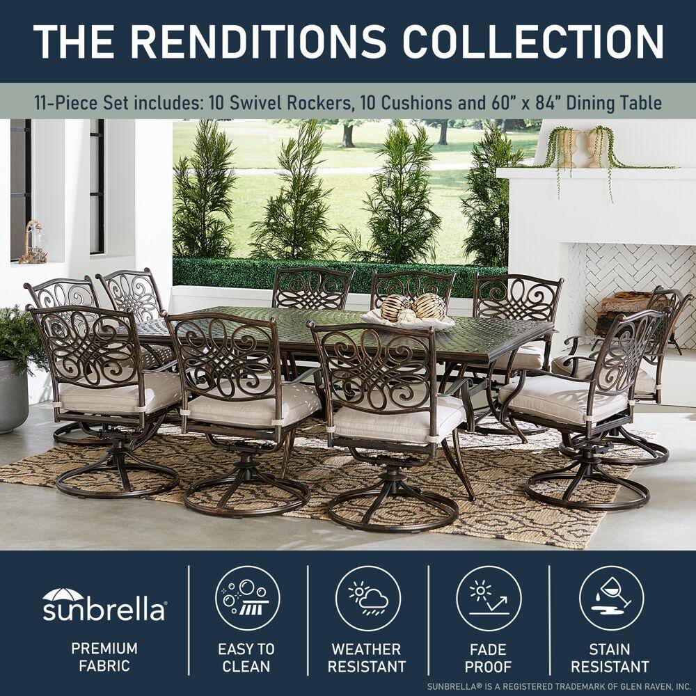 Renditions 11-Piece Bronze Aluminum Outdoor Dining Set with White Sunbrella Cushions