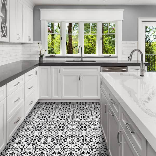 Tulips B Black and White Morning / Matte 8 in. x 8 in. Cement Handmade Floor and Wall Tile (Box of 8 / 3.45 sq. ft.)