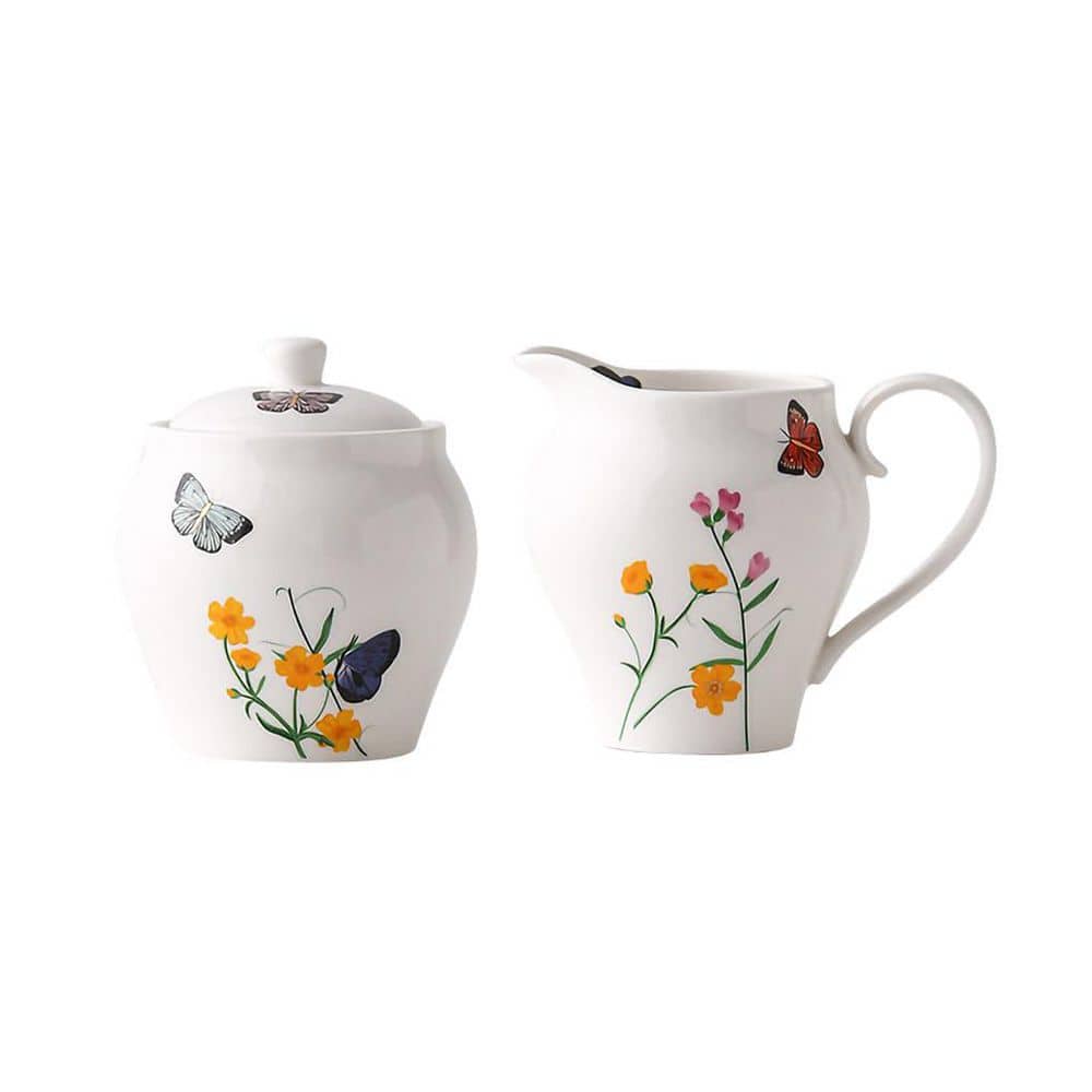 Butterfly and Flower Ceramic Creamer and Sugar Bowl Set with Lid, 9 oz Pitcher and 10 oz Bowl for Tea