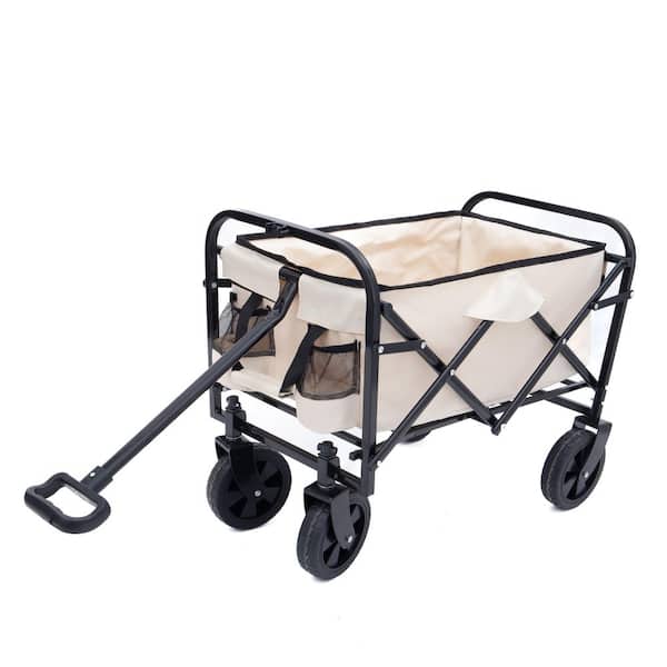 Cream Collapsible Foldable Wagon Cart Beach Wagon Heavy Duty Utility Cart Utility Wagon Grocery Serving Cart
