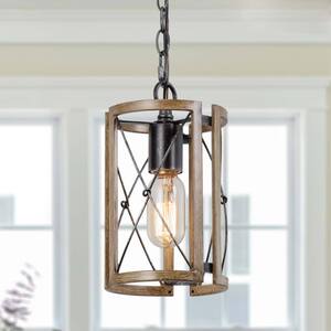 Gina 1-Light Modern Farmhouse Pendant Industrial Gray Drum Cage Island Bar Mini Pendant with Faux Wood Accents