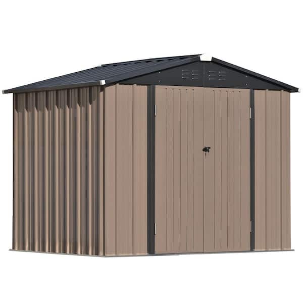 Zeus & Ruta 8 ft. W x 6 ft. D Brown Metal Storage Shed with Lockable Door, Vents and Foundation for Backyard, Lawn, Cover 44 sq. ft.
