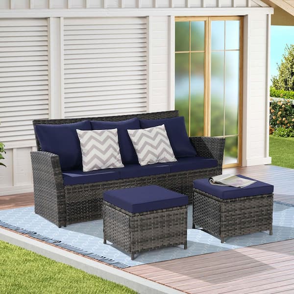 3-Piece Gray Patio Wicker Patio Conversation Set with Dark Blue Cushions and Two Ottoman for Porch Backyard