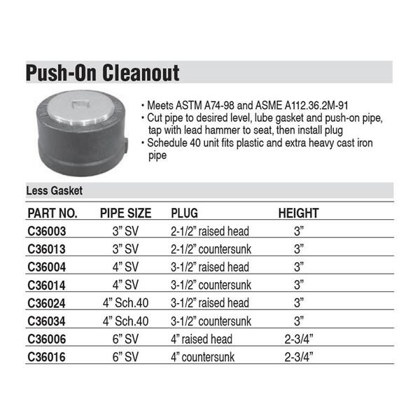 JONES STEPHENS - 6 in. Service Weight Cast Iron Push-On Cleanout Less Gasket with Raised Head Plug for DWV - 2-3/4 in. H