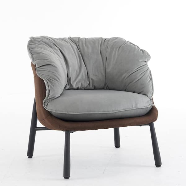 Winado Gray Velvet and Cotton Linen Circle Armchair with Removable Cushion