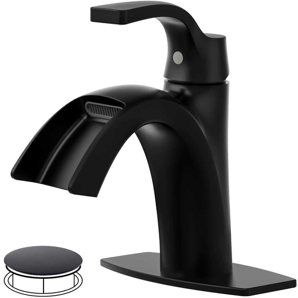 Waterfall Spout 1-Handle Low Arc 1-Hole Bathroom Faucet with Deckplate and 