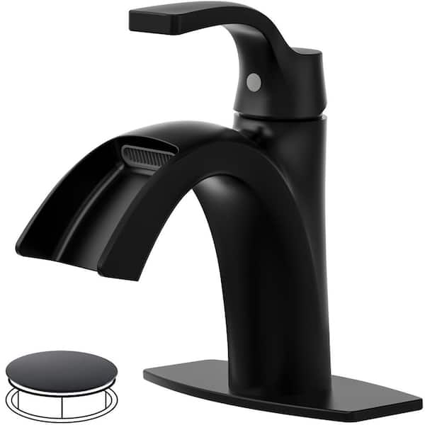 AKLFGN Waterfall Spout 1-Handle Low Arc 1-Hole Bathroom Faucet with Deckplate and Pop-up Drain in Matte Black