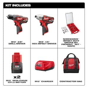 M12 12V Li-Ion Cordless Drill Driver/Impact Driver Combo Kit w Two 1.5Ah Batteries, Charger and Bag (2-Tool) & Bit Set