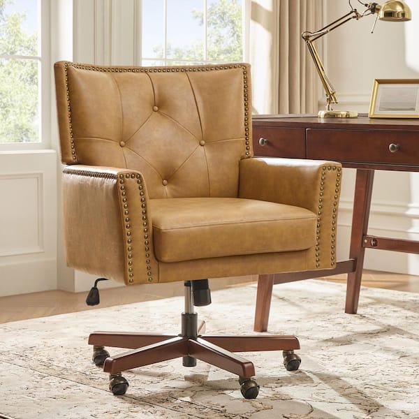Michelle Faux Leather Transitional Office Chair in Camel with Solid Wood Legs