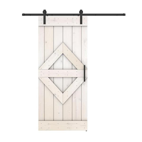 Dessliy Diamond 42 in. x 84 in. White Finished Pine Wood Sliding Barn Door with Hardware Kit (DIY)