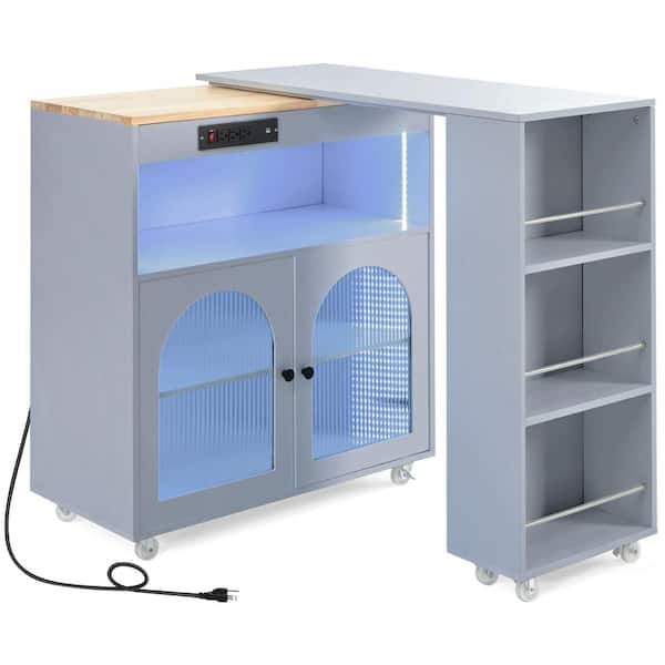 JimsMaison Grey Blue Rubberwood Kitchen Cart with Drop Leaf, Extended Table, 2 Fluted Glass Doors, LED Light and Power Outlet
