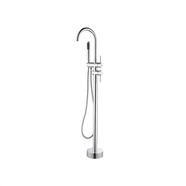LORDEAR Single-Handle Freestanding Tub Floor-Mounted Bathtub Faucet Tub Filler with Hand Shower in Silver