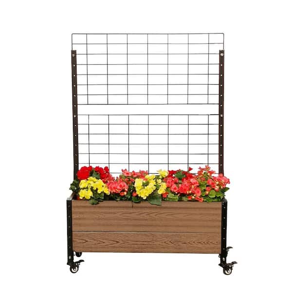 EverBloom Mobile Trough Brown Composite Board and Steel Raised Planter with Trellis
