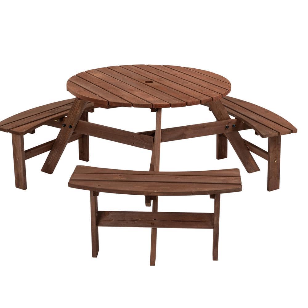 67 in. Brown 6-Person Circular Wood Picnic Tables with Umbrella Hole Outdoo