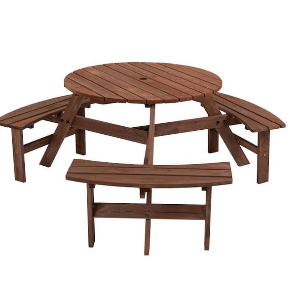 Unbranded 67 in. Brown 6-Person Circular Wood Picnic Tables with Umbrella Hole Outdoor Dining Table with 3 Built-in Benches