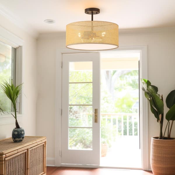 Audrey 16 in. 3-Light Rattan Drum Semi-Flush Mount With Black Hardware