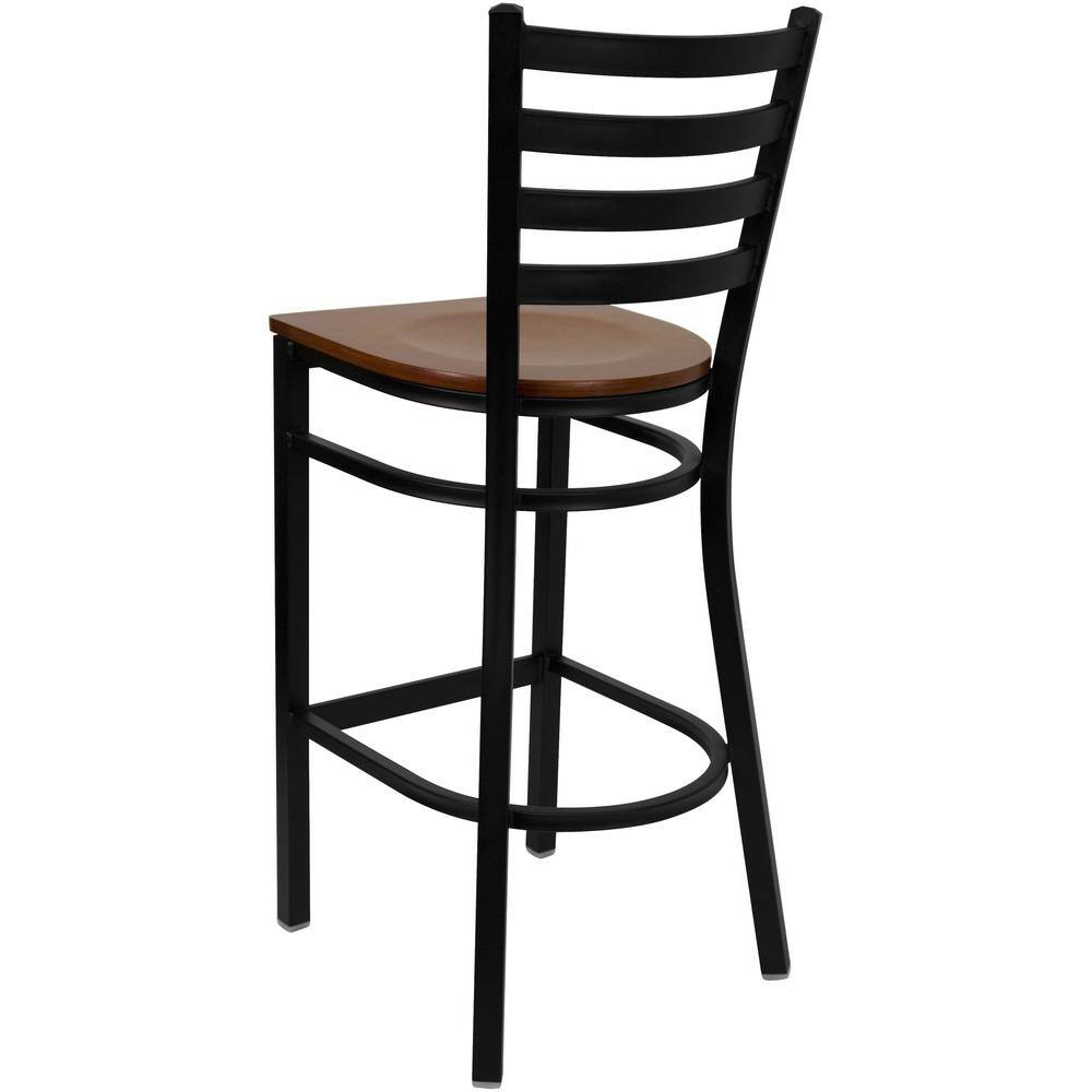 Elegant Ladder Back Black Metal Barstool with Cherry Wood Seat