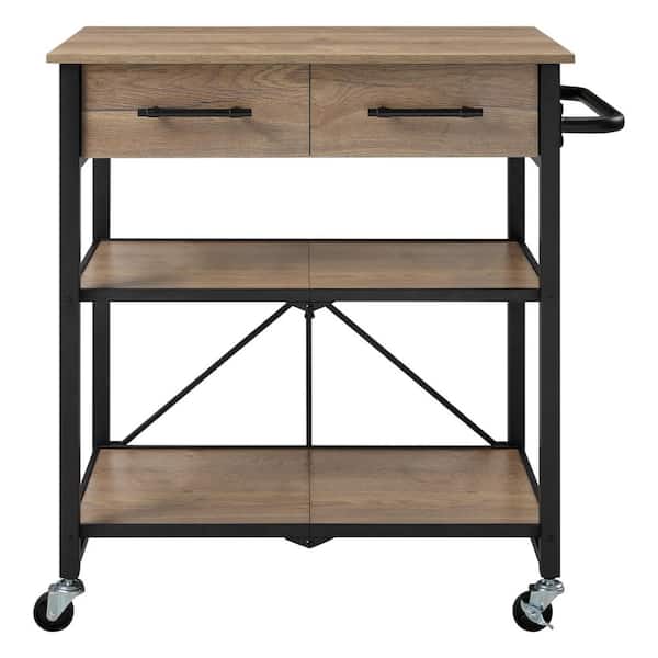 32 in. Wood Folding Kitchen Cart with Metal Frame, 2-Drawers, 2-Shelves, and Wheels for Storage and Mobility