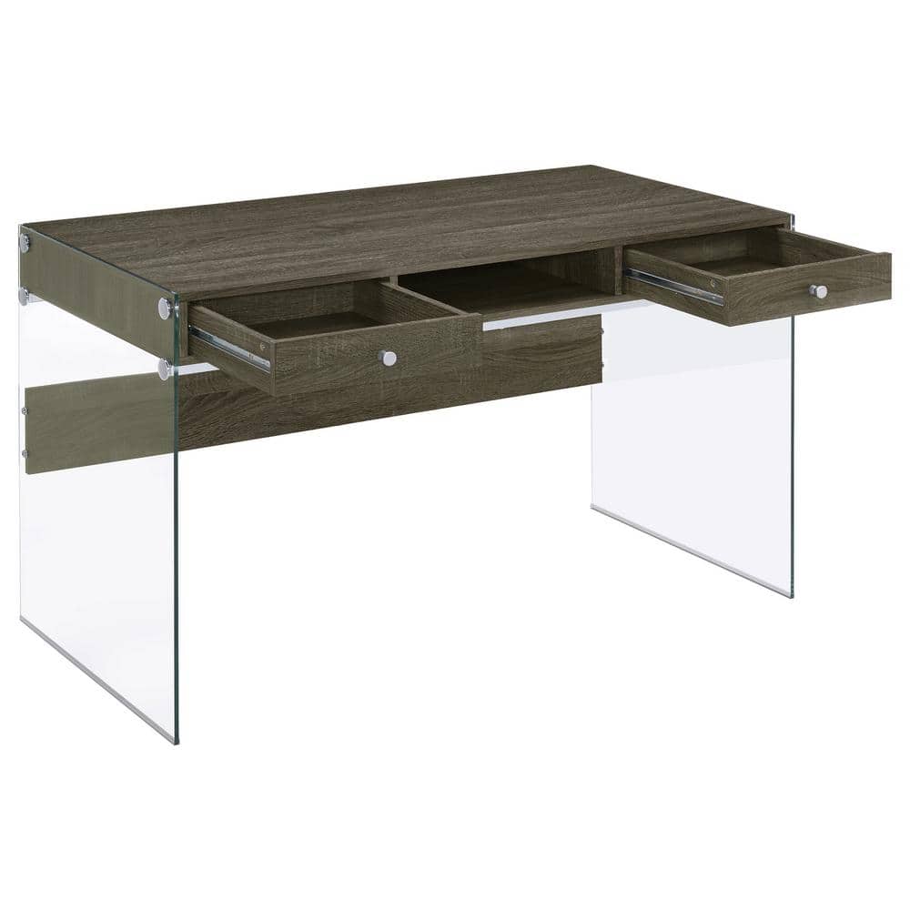 Weathered Gray 2-Drawer Writing Desk with Glass Sides