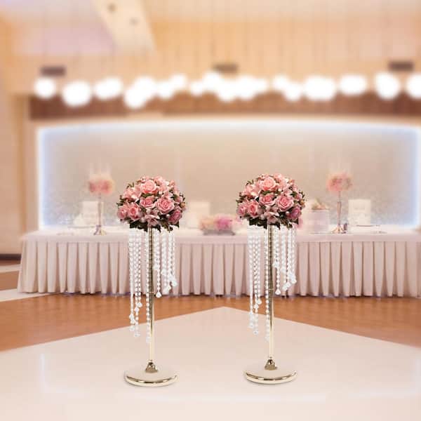 2 Pcs Silver Vases for Wedding Centerpieces，Centerpiece Vase with  Chandelier Crystals 49cm Tall Metal Vase Birthday Home Decoration