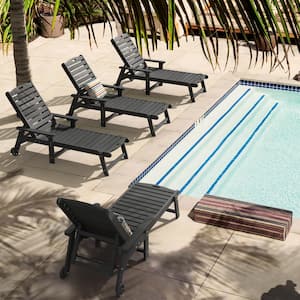 Oversized Plastic Outdoor Chaise Lounge Chair with Wheels and Adjustable Backrest for Poolside Patio(set of 4)-Black