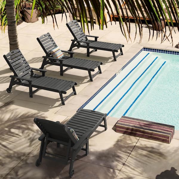 LUE BONA Oversized Plastic Outdoor Chaise Lounge Chair with Wheels and Adjustable Backrest for Poolside Patio(set of 4)-Black