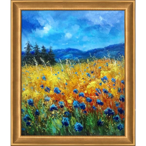 LA PASTICHE Cornflowers 45 Reproduction by Pol Ledent Muted Gold Glow Framed Abstract Oil Painting Art Print 24 in. x 28 in.