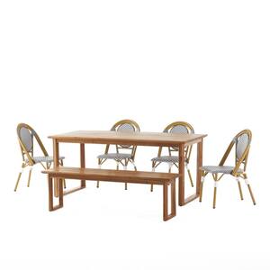 Conifer 6-Piece Bamboo Print/Teak/Bamboo Leg Wood and Wicker Outdoor Dining Set