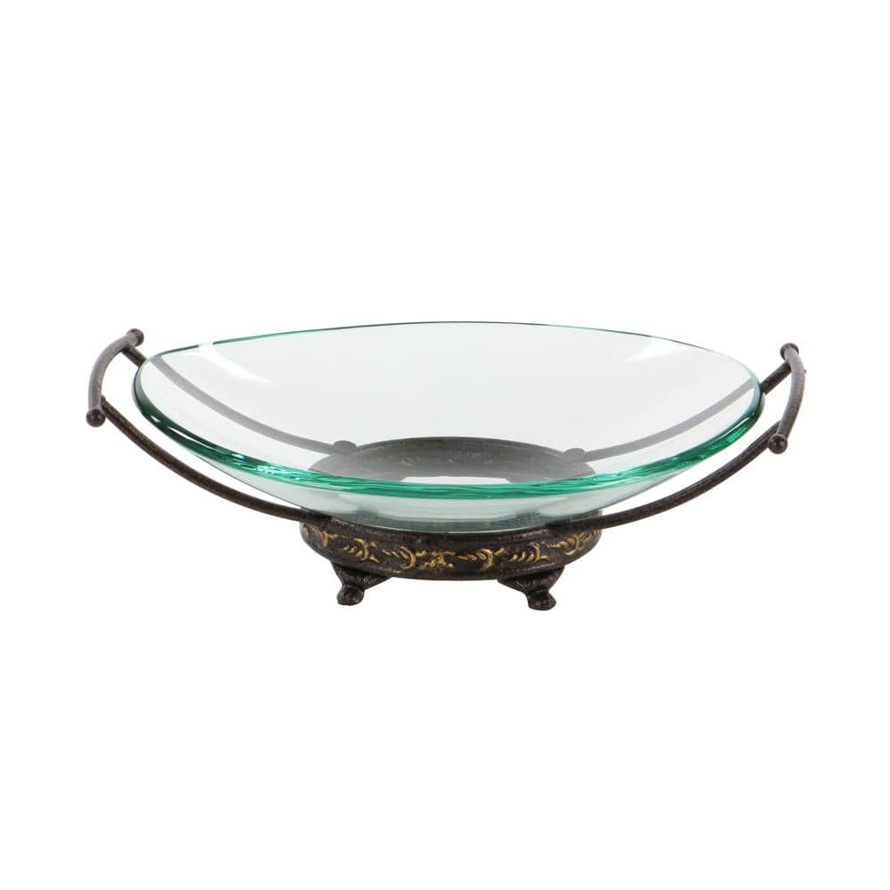 Clear Tempered Glass Elliptical Serving Bowl with Brown Metal Base