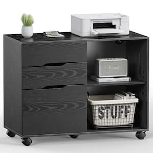 Victor 3-Drawer Black Wood 31.3 in. W Under Desk Organizer Lateral File Cabinet with Wheels and Adjustable Shelves