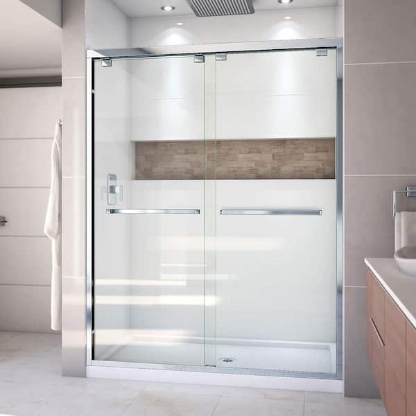 DreamLine Encore 34 in. D x 60 in. W x 78.75 in. H Semi-Frameless Sliding Shower Door in Chrome with Center Drain White Base
