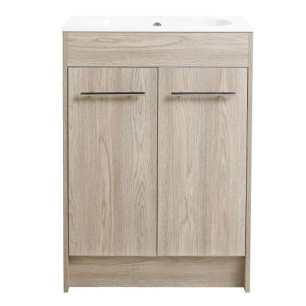 GLEM06 24 in. W x 18.1 in. D x 33.8 in. H Single Sink Freestanding Bath Vanity in White Oak with White Solid Surface Top