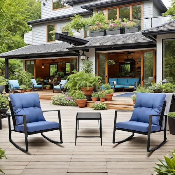 Unbranded 3-Piece Metal Patio Outdoor Rocking Chair with Blue Cushions, Side Table, All Weather for Garden, Poolside, Backyard