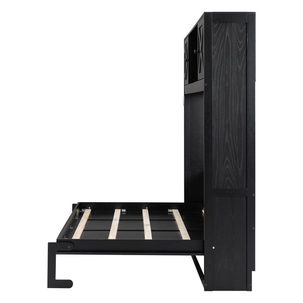 Rustic Black Solid Wood Frame Queen Size Murphy Bed with Storage Cabinets - thumbnail 3