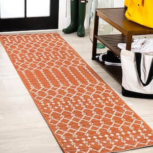 Ourika Moroccan Geometric Textured Weave Orange/Cream 2 ft. x 10 ft. Indoor/Outdoor Runner Rug