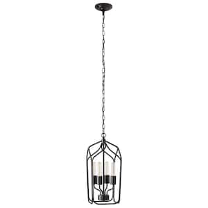 4-Light Black Lantern Pendant Light Farmhouse Square Cage Hanging Light Fixtures with Adjustable Chain