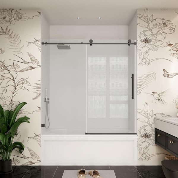 60 in. W x 60 in. H Single Sliding Frameless Soft Close Bypass Bathroom Tub Door in Matte Black with Easy-Clean Glass