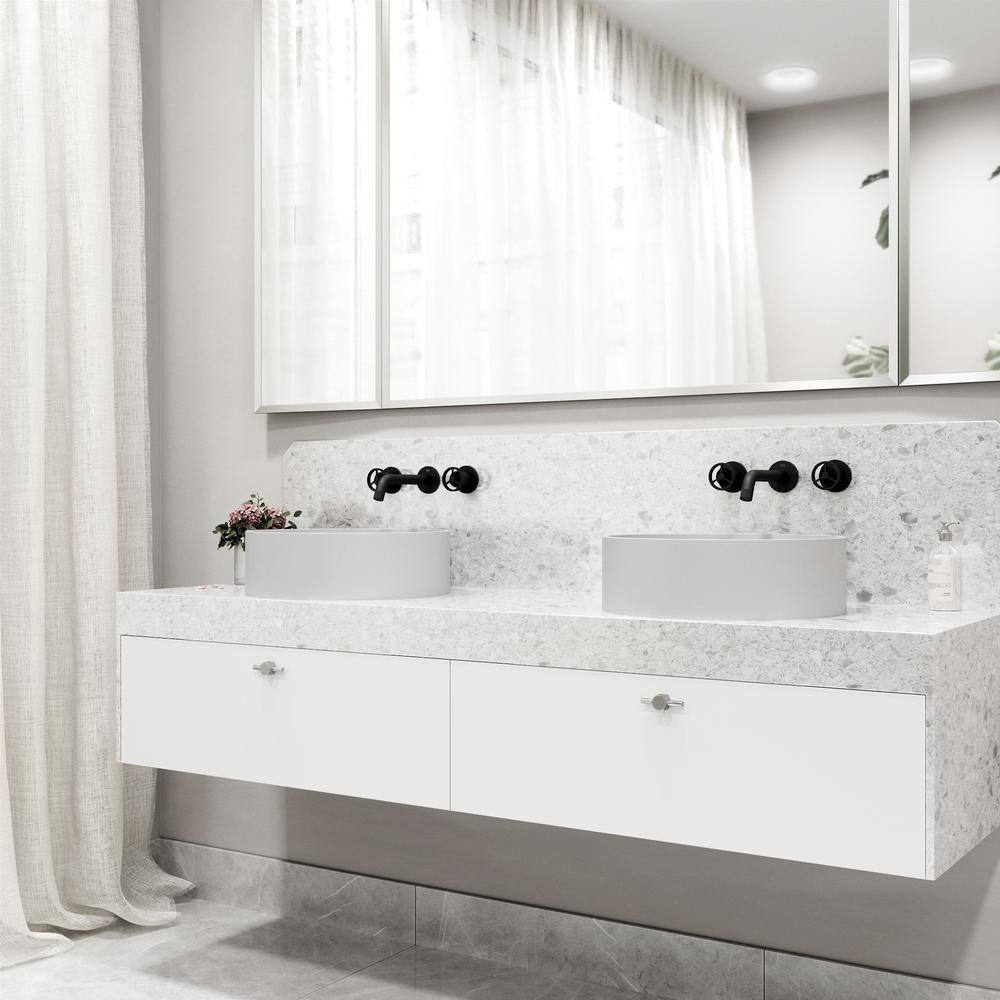 Matte Black and White Round Stone Vessel Sink with Faucet