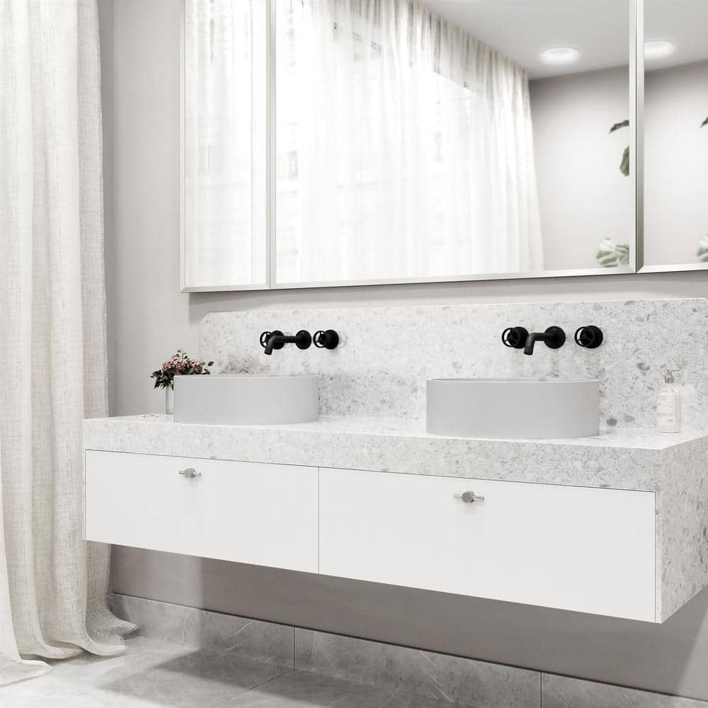 Matte Black and White Round Stone Vessel Sink with Faucet