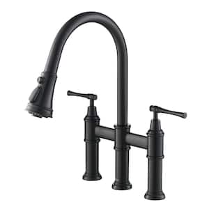 Allyn Double Handle Transitional Bridge Kitchen Faucet with Pull-Down Sprayhead in Matte Black