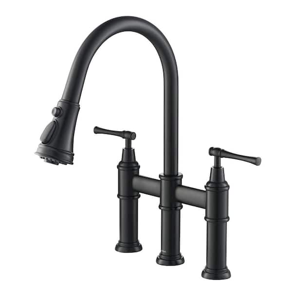 KRAUS Allyn Double Handle Transitional Bridge Kitchen Faucet with Pull-Down Sprayhead in Matte Black