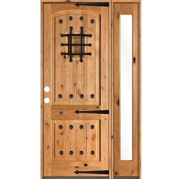 Krosswood Doors 50 in. x 96 in. Mediterranean Knotty Alder Right-Hand/Inswing Clear Glass Clear Stain Wood Prehung Front Door w/RFSL