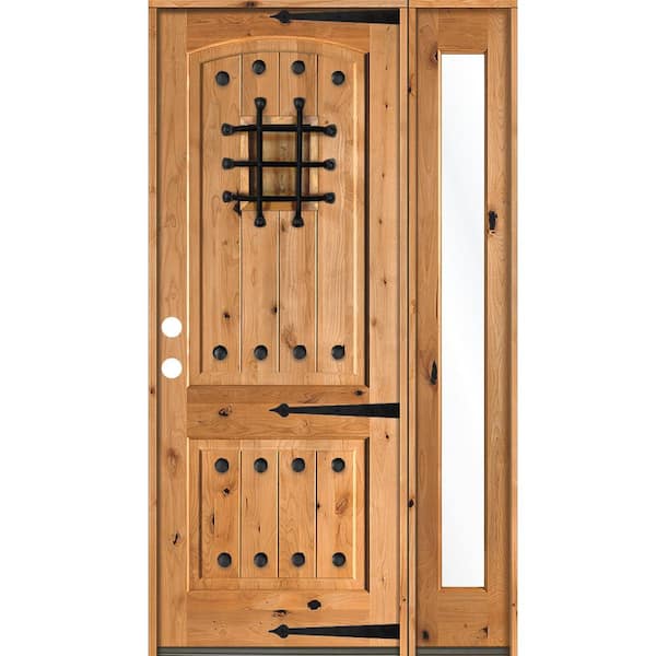 Krosswood Doors 62 in. x 96 in. Mediterranean Knotty Alder Right-Hand/Inswing Clear Glass Clear Stain Wood Prehung Front Door w/RFSL