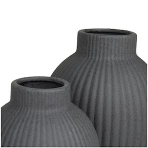 11 in., 9 in. Black Ribbed Ceramic Decorative Vase (Set of 2)