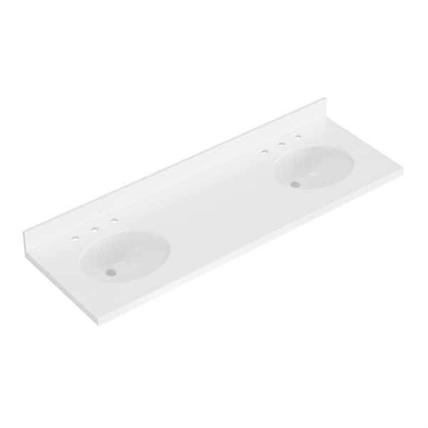 ARIEL 67 in. W x 22 in. D in Pure White Quartz with 1.5 in Thick Milter Edge with White Round Double Sink Vanity Top in White