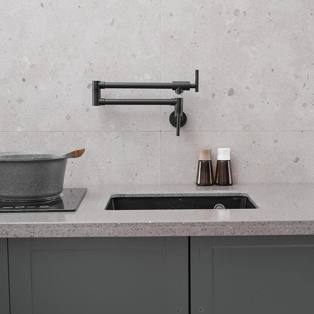 Matte Black Brass Wall-Mounted Pot Filler Faucet with Dual Joint Swing Arm